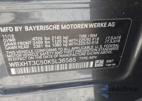 2019 BMW X1 xDrive28I из США, поврежденный, VIN WBXHT3C50K5L36565